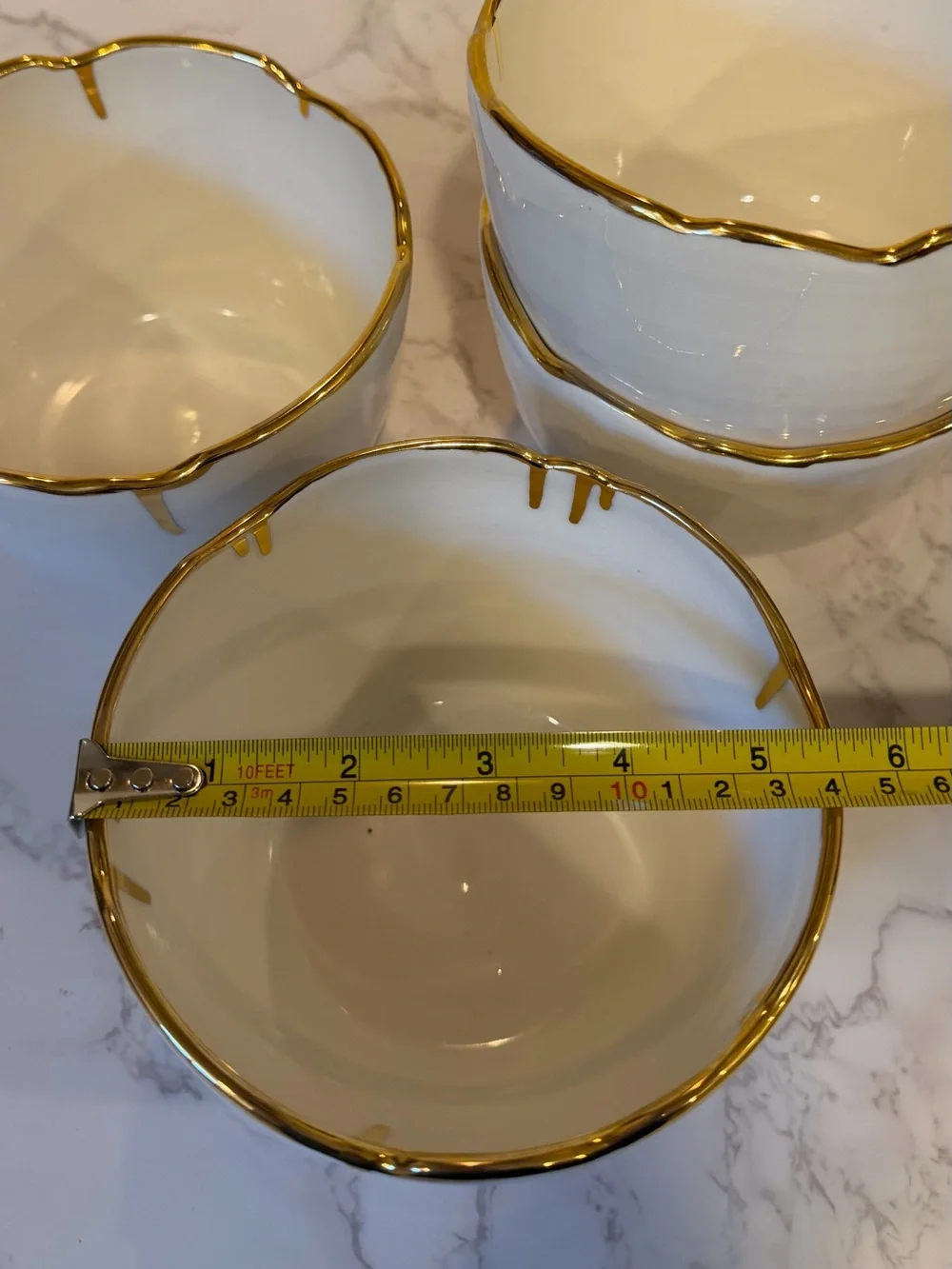 Set of 4 White Porcelain Bowls Gold Trim Organic Wavy Edge NWT